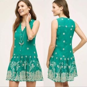 ANTHROPOLOGIE MAEVE sz X Small Dress Pippa Swing Eyelet Embroidered Linen Green